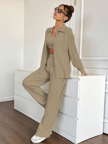 Image of Shasmi Women's 3-Piece Co-ord Set - Solid Button Front Shirt, Strapless Tube Top & Wide Leg Pants | Casual Loose Fit Western Outfit for Daily Spring /Fall Wear (Co-Ord-208)