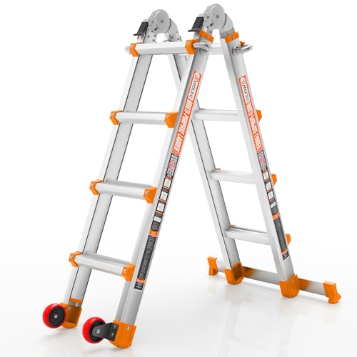 Wolec Telescoping A-Frame Ladder with Wheels & Stabilizer Bar -