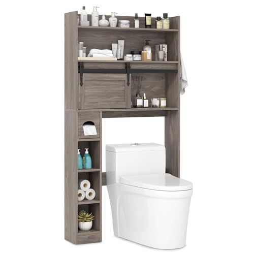 Tangkula Over The Toilet Storage Cabinet, Farmhouse Freestanding Above Toilet Rack w/Sliding Barn Door, Adjustable Shelves, Toilet Paper Holder, 2 Hooks, Bathroom Space Saver (Retro, Grey)