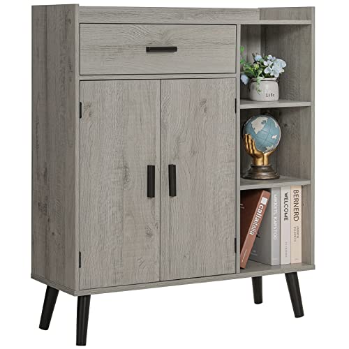 Usikey Storage Cabinet, Floor Storage Cabinet With 1 Drawer, 2 Doors & 3 Shelves, Mid Century Cabinet, Accent Cabinet For Living Room, Bedroom, Entryway, Office, Grey #TOP5