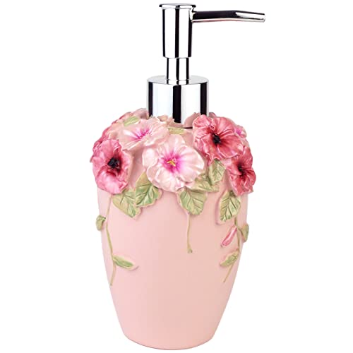 Dispensador de jabón de flores con decoración vintage de lujo, resina, dispensador de loción colorido pintado a mano para baño, encimera de cocina, tienda de belleza, hotel (10 onzas/300 ml, rosa)