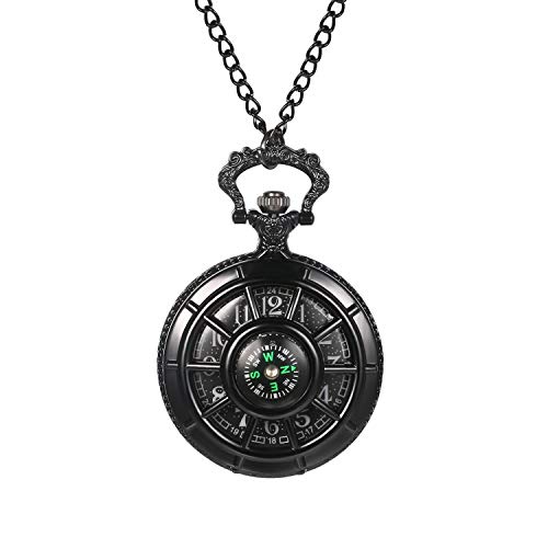 JewelryWe Antique Hollow Pocket Watch Vintage Steampunk Pocket Watch with Compass Decoration Stylish Necklace Chain Watch for Men Women