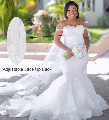 Plus Size Off The Shoulder Mermaid Bridal Gown Crystal Beaded Tulle Lace Appliques Sweetheart Wedding Dress for Bride3
