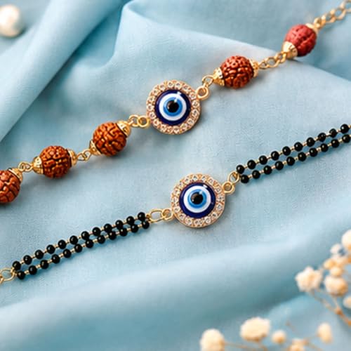 Image of Designer Evil Eye Couple Pair Rakhi for Brother Bhai Bhabhi | Premium Evil Eye Bracelet Rakhi Set for Bhaiya Bhabhi Gift, Rakshabandhan Greeting Card, Tilak Set,Home decor