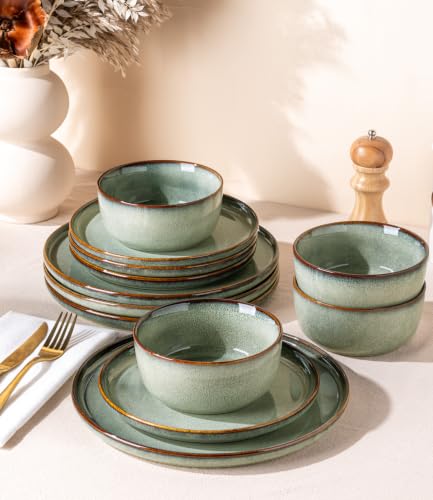 Image of GBHOME Ceramic Dinnerware Sets for 4, 12 Pieces Stoneware Plates and Bowls Sets, Scratch Resistant Dishes, Dishwasher & Microwave Safe, Reactive Glaze