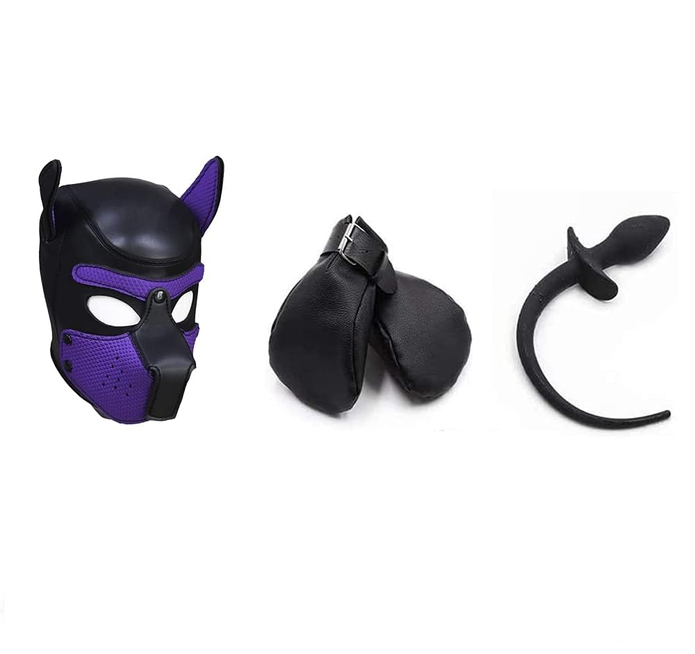 Heyie Men's Purple Fetish Sm Slave Puppy Roleplay Fantasy Bondage Kit, Anal Plug With Dog Tail Pointed Grand Butt Plug + Hood Mask + Mittens Paw Gloves For Couple Flirting Toy Bondage Kit (Color : Size :