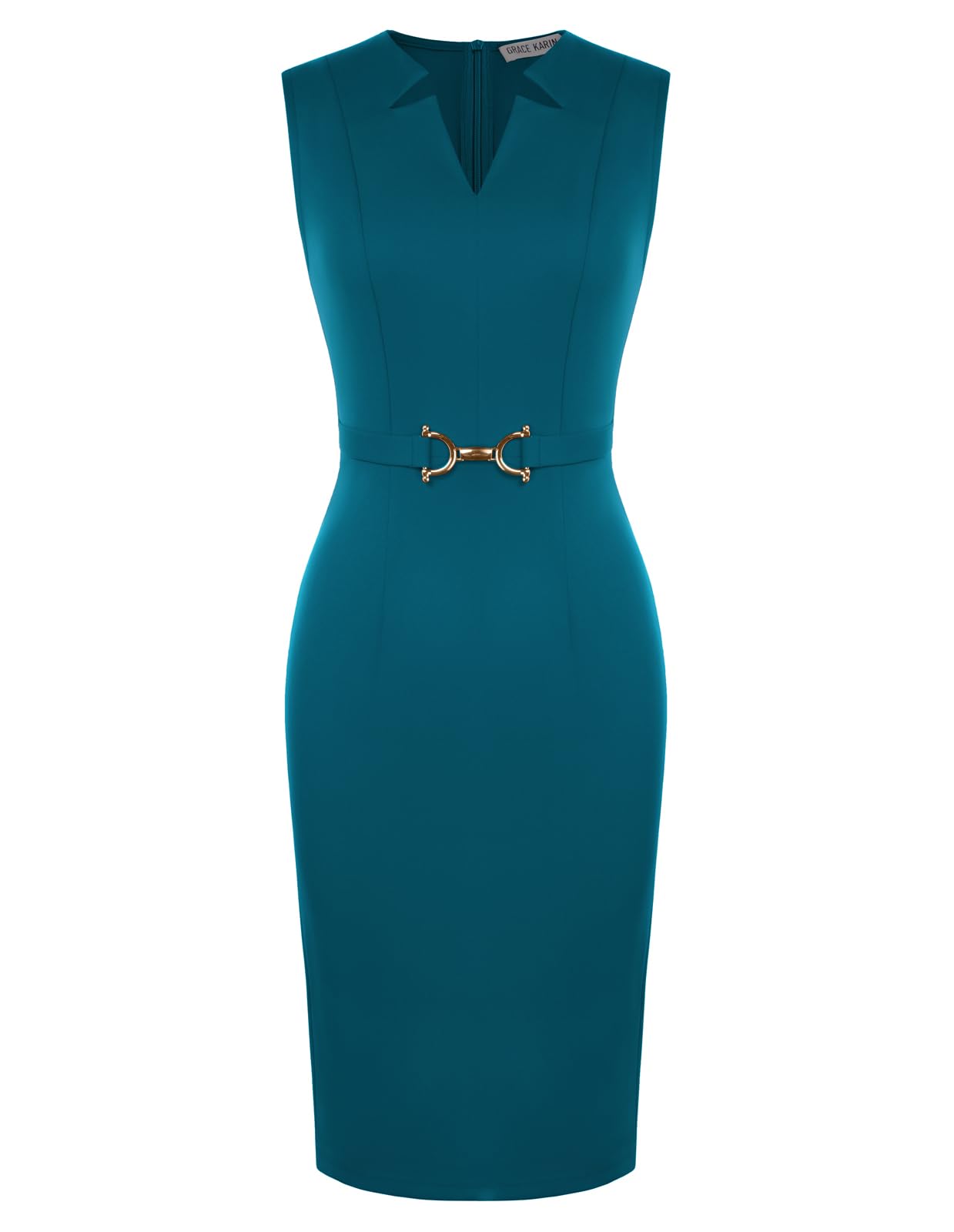 GRACE KARIN Work Dresses for Women 2026,V Neck Business Office Bodyon Dress,Sleeveless Pencil Semi Formal Midi Dress Peacock Blue L