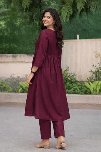 Image of ANILINE Women's V-Neck, Button Front, three-quarter sleeves, Anarkali shape, Empire Waist, Pleated Design Kurta With Pant