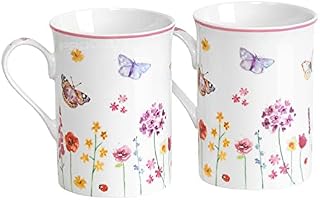 Set of 2 x 250ml Small Fine China Pink Rim Butterfly Floral Flower Mugs - Suitable for hot Drinks