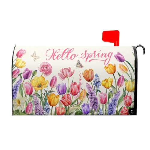 Image of Hello Spring Welcome Flowers Mailbox Covers Magnetic Spring Summer Tulip Outdoor Mailbox Cover Standard 21 inch X 25.5 inch Pink Floral Holiday Mailbox Wrap Post Letter Box Cover Decor for Home Garden Yard