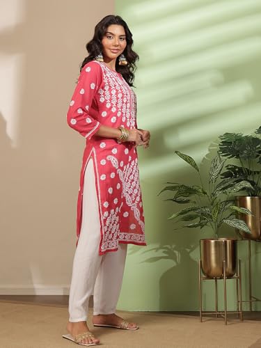 Image of Ada Women's Cotton Regular Fit Tunic Hand Embroidered Lucknowi Chikankari Ethnic Wear Kurta Kurti A130717