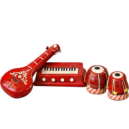 Image of Premium Terracotta Clay Miniature Musical Instruments Combo | Handmade Clay Tabla Veena Harmonium Showpiece for Home Decor, Return Gift, Table Decoration, Indian Handicraft (Large)
