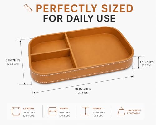 Image of Valet Tray Organizer, Premium Vegan Leather, Multi-Compartment Design, Versatile Desk & Dresser Tray, Tan, 10 x 8 x 1.5 in