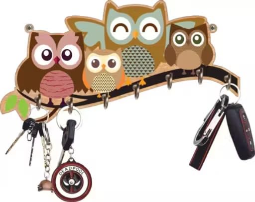 Image of Owl Family Branch Wall Mounted Key Holder with 7 Hooks | Decorative Design, Wall Hanging, Entryway Organiser, Wooden Finish, Home Decor