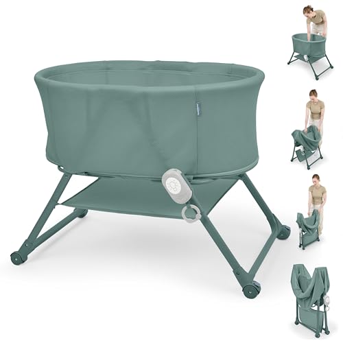 Ingenuity Cuna Snooze & Stow con Sonido, Luz y Vibración, Cuna Portátil para Bebé con Plegado con Una Sola Mano, Laterales de Malla, Balda de Almacenamiento y Ruedas