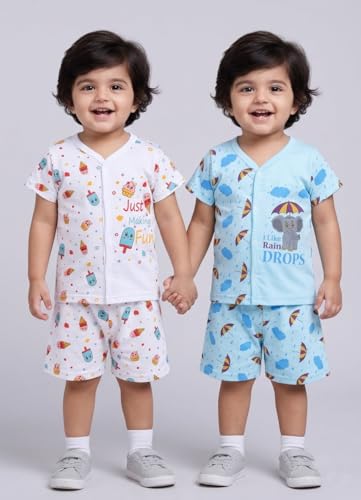 Image of Chandrika Baby Boys & Girls Regular Fit 100% Cotton Half Sleeve Jhabla & Shorts Set Pack of 3