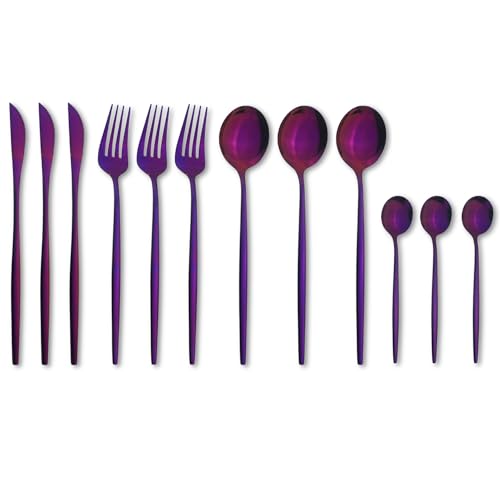 Image of aDai Raspberry Purple Silverware Set | Satin Finish 12-Piece Stainless Steel Flatware Set | Dishwasher Safe Cutlery for Home, Restaurant & Gifting