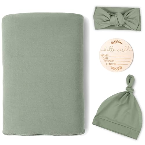 Image of TANOFAR Newborn Swaddle Blanket for Baby Girls & Boys, Ultra Soft Receiving Blankets with Matching Headband and Beanie Set Baby Nursery Swaddle Wrap (Green)