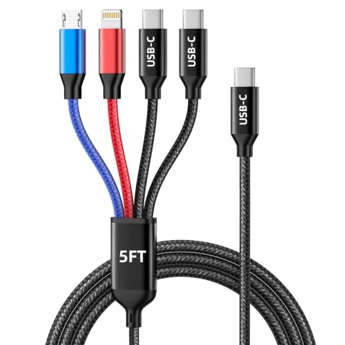Image of 4-IN-1 USBC Multi Charging Cable, 5FT Phone Charger Cord Travel Essentials | Universal Charger with 2xType-C /L /Micro USB Ports, Braided Travel Charger for iPhone17-8, Android, More, USB C Carplay Cable