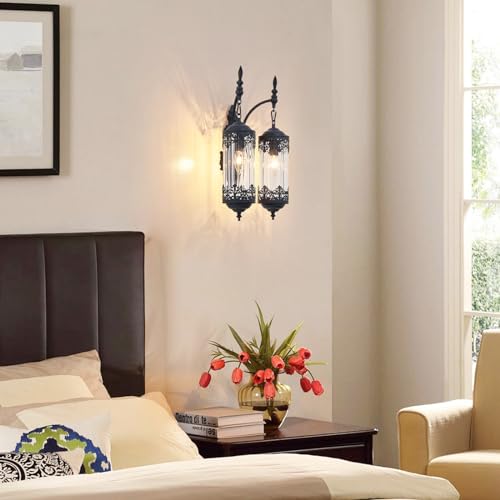 Image of Rustic Glass Wall Sconce Vintage Antique Gothic Wall Light Fixture Retro Farmhouse Mid Centry Lantern Wall Sconce for Bedroom, Living Room, Mirror, Black