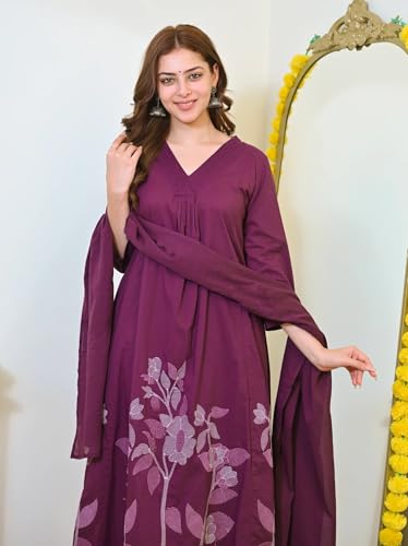 Image of Nermosa Women Solid A-line Kurta and Pant set With Dupatta | Women Kurta Set | Solid Suit | Embroidery Kurta Set |