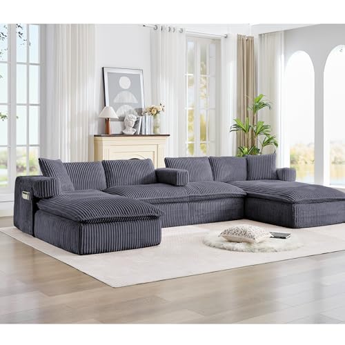 Image of Oversized Cloud Boneless Couch with Chaise, 149 inch Modern U Shape Modular Deep Seat Sectional Sofa, Comfy Corduroy Upholstered Couches for Living Room, No Assembly Required, Dark Grey