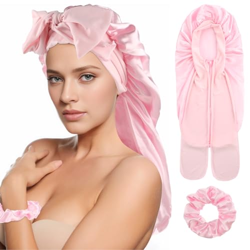 Abeillo Long Satin Bonnet for Women Large Silk Sleep Cap With Tie Band and Scrunchies for Long Curly Hair Braids (Pink)