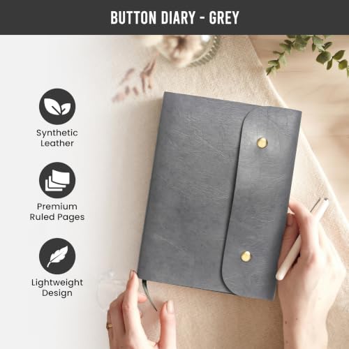 Image of The Messy Corner Leather Button Diary | A5 Travel Dairy for Men and Women | Vegan & Premium Quality | 80 GSM, 140 Ruled Pages - Stylish Grey Notepad