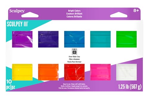 Sculpey III® 10 Bright Colors of Polymer Oven-Bake Clay, Non Toxic,1.25 lbs., great for modeling, sculpting, holiday, DIY, mixed media and school projects. Perfect for kids and beginners!