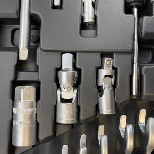 Estuche de herramientas completo de 226 piezas, incluye carracas, llaves de vaso, puntas imantadas tipo torx, allen, planas y phillips. Incluye Articulaciones universales y maletín de ordenación.