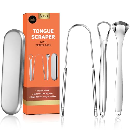 Manylux Tongue Scraper for Adults 3 Pack with Travel Case Premium Stainless Steel Tongue Cleaner Set Oral Hygiene Scrapers for Fresh Breath