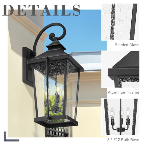 Image of zeyu 27 Inch Outdoor Wall Lamp, 3-Light Large Outdoor Wall Lighting for House Porch, Die-Cast Aluminum in Black Finish, Seeded Glass, ZW105B-L BK