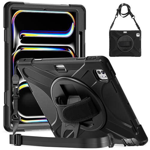 Case for iPad Pro 13 inch (M4) 2024，Heavy Duty Shockproof Three Layer Hybrid Impact Resistant Full-Body Protective，360 Degree Rotation Kickstand, Hand Strap,Shoulder Strip (Black)