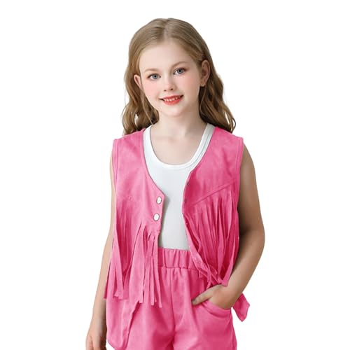 Girls Tassel Vest Hippie Sleeveless Faux Suede Rivets Kids Western Style Retro Performance Cowboy Cowgirl Outfit