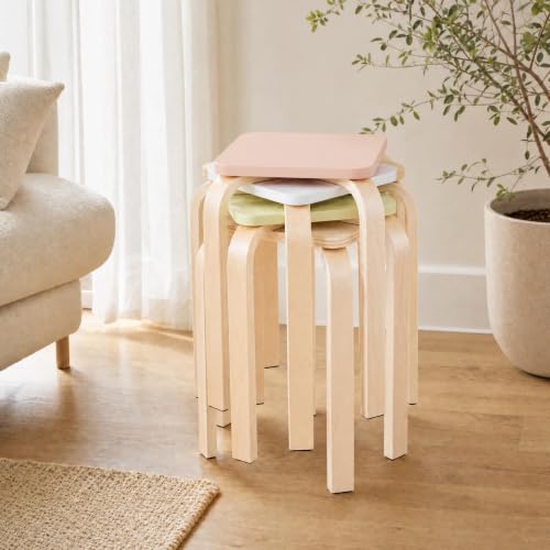 Image of COSTWAY 18-Inch Stackable Wooden School Stools Set of 4, Assorted Color | Portable Backless School Chairs with Square Top, Anti-Slip Felt Mats, Stacking Stools for Classroom, Dining Room, Kitchen