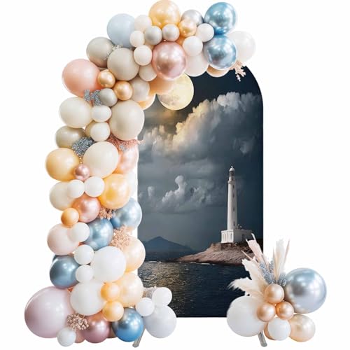 Night Seaside Lighthouse Arch Backdrop Cover 5Ft, Wedding Arch Covers Stretchy Backdrop, Coastal Moonlight Ocean Fitted 2 Sided Arched Photo Background for Birthday Party Decorations