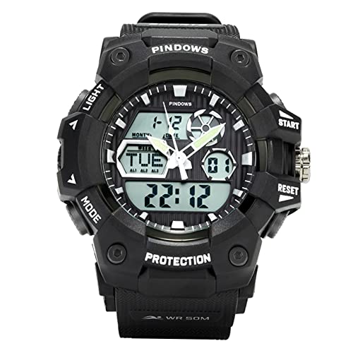 Reloj analógico analógico de Doble Pantalla para Hombres, Reloj LED Multi dial Impermeable de Deportes al Aire Libre de 5 ATM, Relojes de Cuarzo Elegantes para niños,Negro Cover