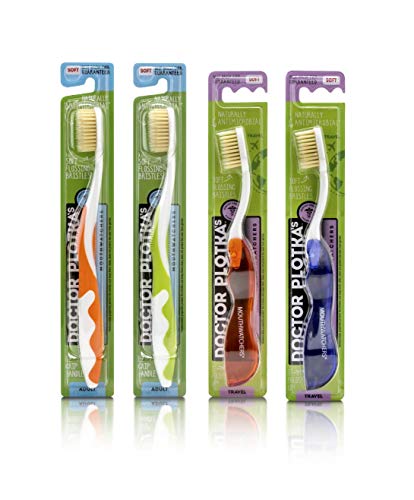 Mouthwatchers - Manual Toothbrushes - Pack Adult & Travel - 4 Count - Floss Bristle Silver - Invented By Doctor Plotka's #TOP1