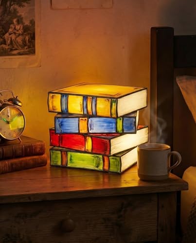 Tujoe Book Lover Gifts Book Shaped Night Lamp Vintage Stacked Books Table Light Warm LED Stained Resin Reading Lamp for Bookish Reader Bookworm Bedroom Desk & Home Decor