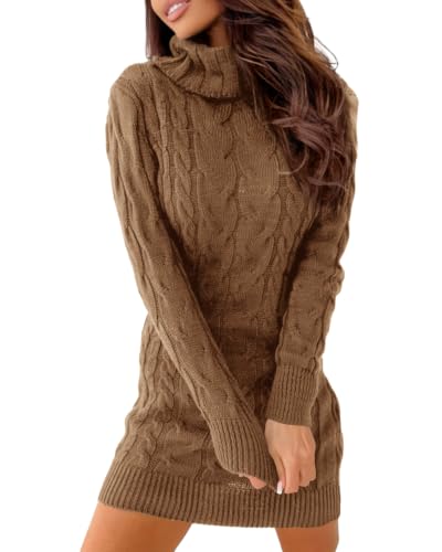 Image of Langwyqu Womens Cable Knit Long Sleeve Turtleneck Bodycon Sweater Dress