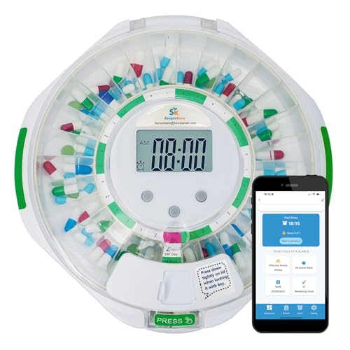 Bluetooth Automatic Pill Dispenser for Elderly, 28-Day Medication Organizer with App Setup & Sync, Locked Pill Organizer Audio/Visual Alerts for Dementia & Chronic Care, Easy Fill Carousel, Clear Lid