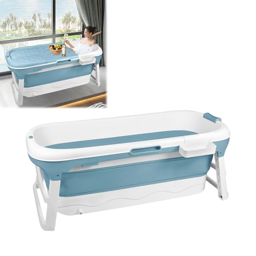 VANCHEMO Faltbare Badewanne 128 x 62 x 53 cm, Mobile Badewanne Erwachsene Mit Abdeckung Massagerollen und Badewannenablage, für kleines Badezimmer (Blau)