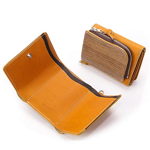tri fold wallet 財布 小さい 大容量 コインケース 本革 天然木 ウッド レザー 日本製 マスタード