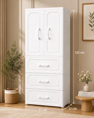 Image of Kids Plastic Wardrobe for Clothes Storage | Baby Cupboard & Almirah with Hanging Rod & Shelves | Portable Collapsible Storage Cabinet for Bedroom | Cartoon Kids Wardrobe