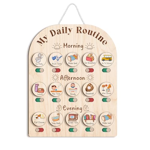 Image of TinyKidz Daily Routine Chart for Kids, Visual Schedule, Routine Chart for Toddlers 3-5, Morning Bedtime Routine Chart for Toddlers, Wooden Chore Chart for Kids