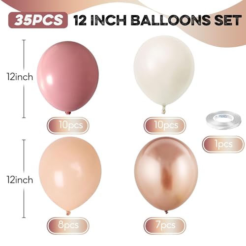 Image of Retro Pink Balloons, 12 Inch Dusty Pink Metallic Gold White Balloons, Blush Beige Neutral Nude Chrome Champagne Gold Latex Balloon for Women Boho Birthday Wedding Baby Bridal Shower Party Mothers Day