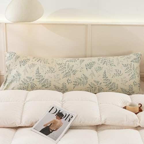 Image of ECOCOTT Pillowcase Boby Size with Green Botanical Plant Leaves Pattern Pillow Cases Set, 1 pcs 100% Cotton Pillow Covers & Envelope Closure (Boby, 20 inchx54 inch)