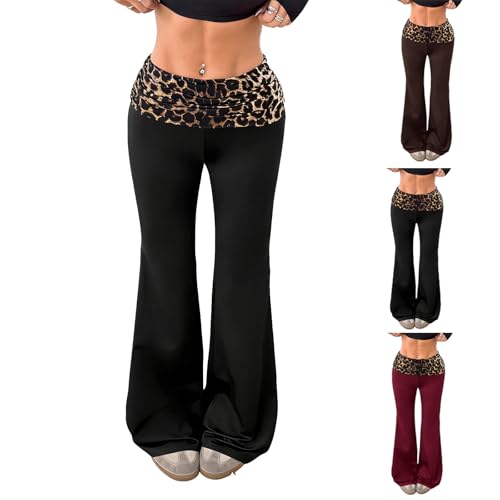 Pantalon évasé pour femme léopard taille basse à jambe large en coton