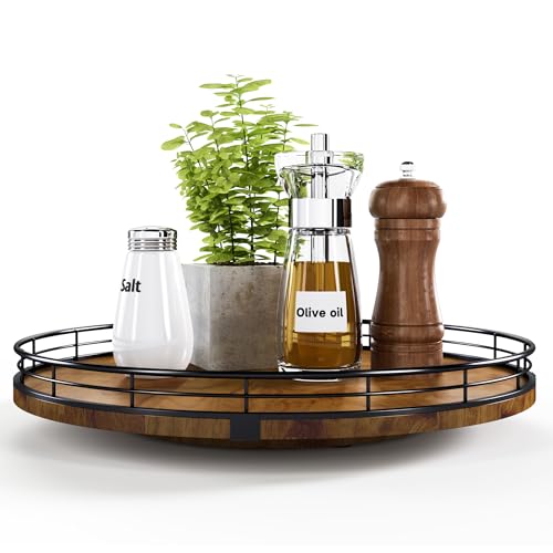 Image of Farmhouse Oak 13 inch Lazy Susan Turntable Organizer for Cabinet, Round Wooden Lazy Susan Organization and Storage for Dining Table, Pantry, Kitchen, Countertop, Cupboard,Home Decor, Walnut Wood