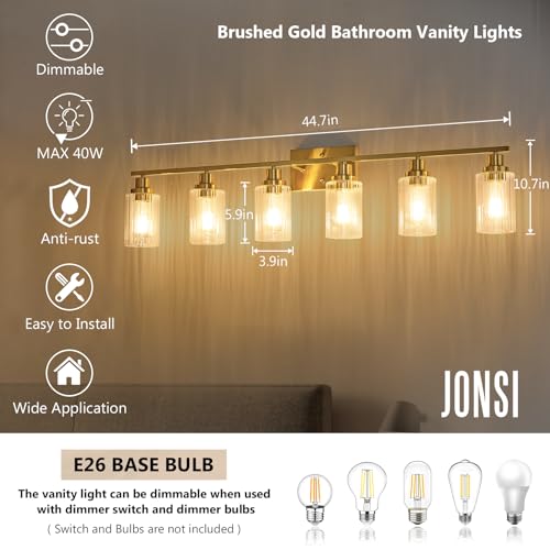 Jonsi Brushed Gold Bathroom Light Fixtures, 6-Light Brushed Gold Vanity Light, Bathroom Vanity Light with Stripe Glass Shade, E26 Wall Sconces Over Mirror for Bathroom, Living Room, Hallway by Jonsi - Used condition - Image 4